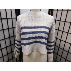 Pink Rose Striped Sweater Womens Small Cropped Pullover Oversized Ivory Blue